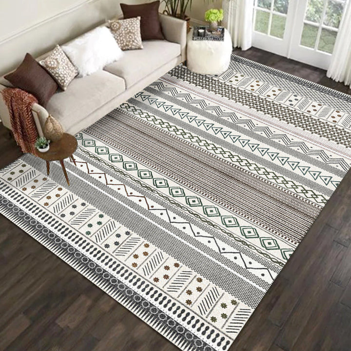 Lisslune | Bohemian Striped Geometric Rug Fabric Rug for Living Room Non-Slip Back Rug in Light Green and Brown