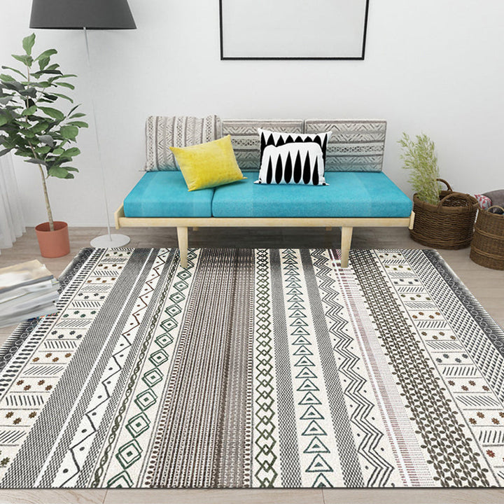 Lisslune | Bohemian Striped Geometric Rug Fabric Rug for Living Room Non-Slip Back Rug in Light Green and Brown