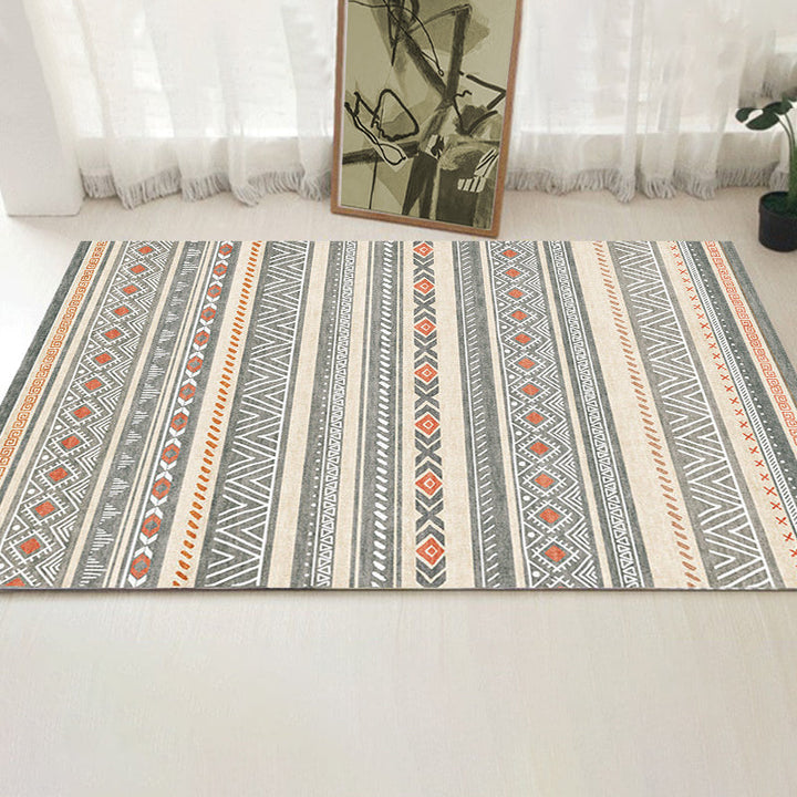 Lisslune | Bohemian Style Indoor Rug Striped Geometric Shine Rug with Zigzag Lines and Diamond Synthetic Non-Slip Rug