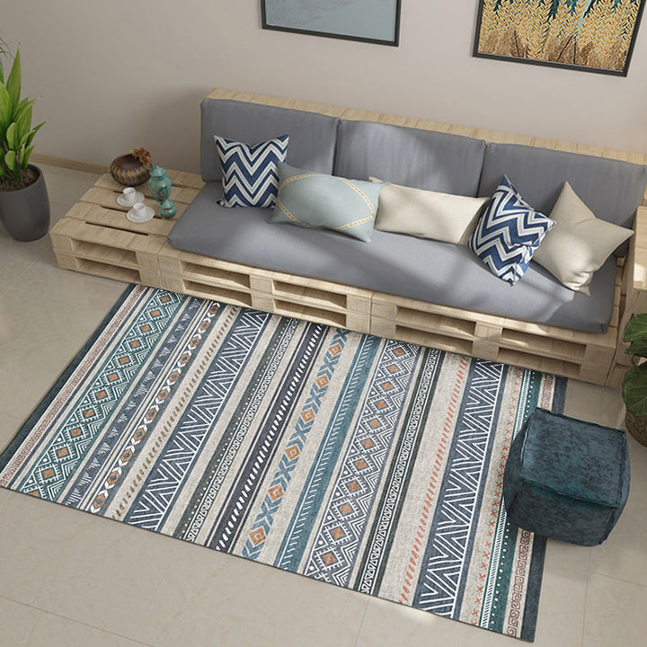 Lisslune | Bohemian Style Indoor Rug Striped Geometric Shine Rug with Zigzag Lines and Diamond Synthetic Non-Slip Rug