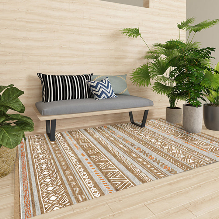 Lisslune | Bohemian Style Indoor Rug Striped Geometric Shine Rug with Zigzag Lines and Diamond Synthetic Non-Slip Rug