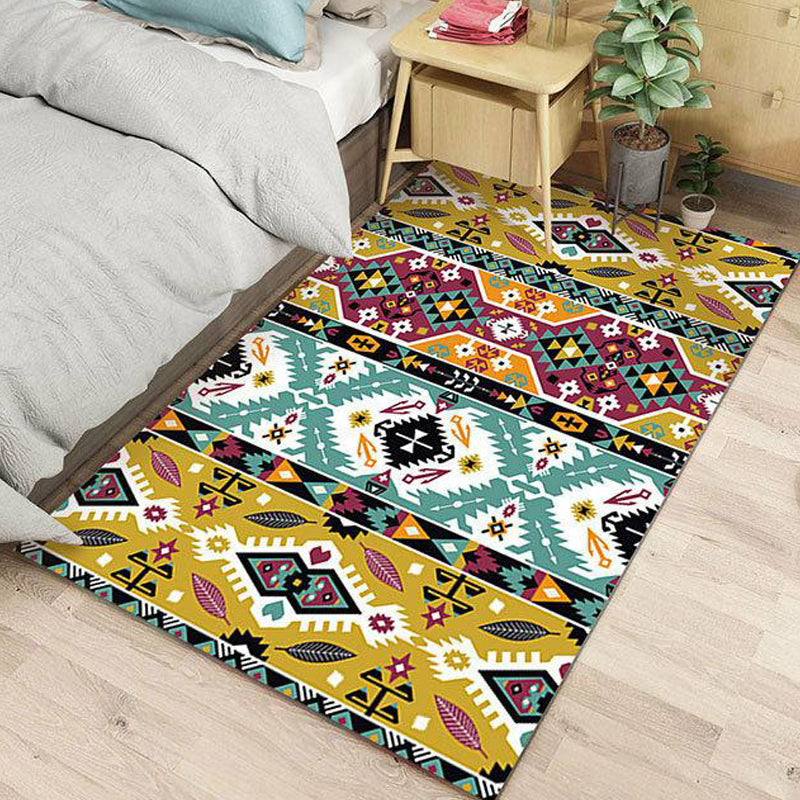 Lisslune | Striped geometric Indian tribal rug with botanical motifs and bows, polyester stain-resistant rug in yellow and green