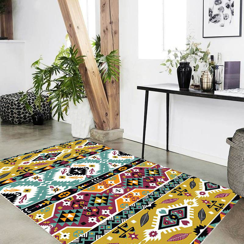 Lisslune | Striped geometric Indian tribal rug with botanical motifs and bows, polyester stain-resistant rug in yellow and green