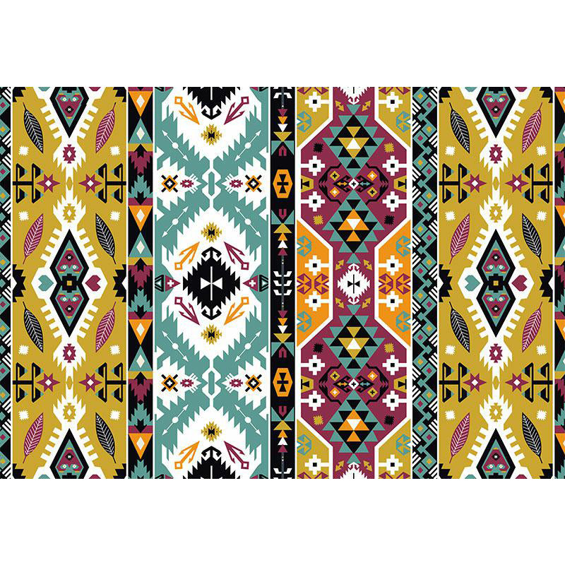 Lisslune | Striped geometric Indian tribal rug with botanical motifs and bows, polyester stain-resistant rug in yellow and green