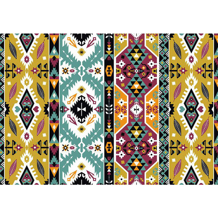 Lisslune | Striped geometric Indian tribal rug with botanical motifs and bows, polyester stain-resistant rug in yellow and green