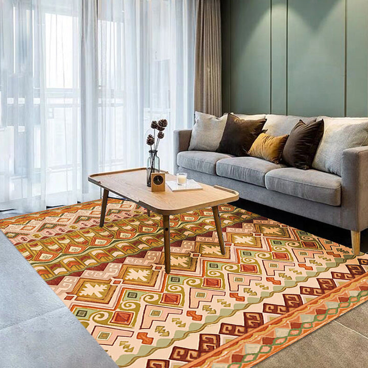 Lisslune | Orange Americana Indoor Mat Striped Indian Tribal Graphic Rug with Feather Headscarf Synthetic Non-Slip Backing Rug