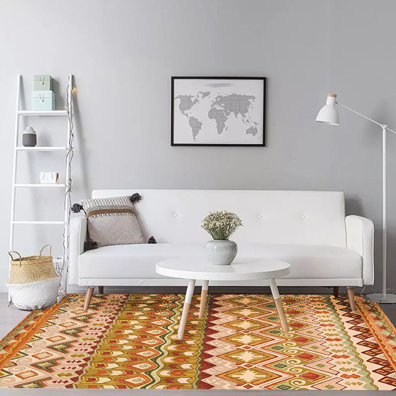 Lisslune | Orange Americana Indoor Mat Striped Indian Tribal Graphic Rug with Feather Headscarf Synthetic Non-Slip Backing Rug