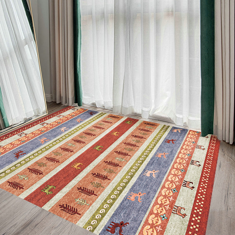 Lisslune | Bohemian striped geometric rug with botanical and animal motifs synthetic non-slip backing pet-friendly area rug