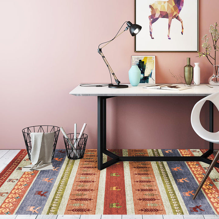 Lisslune | Bohemian striped geometric rug with botanical and animal motifs synthetic non-slip backing pet-friendly area rug