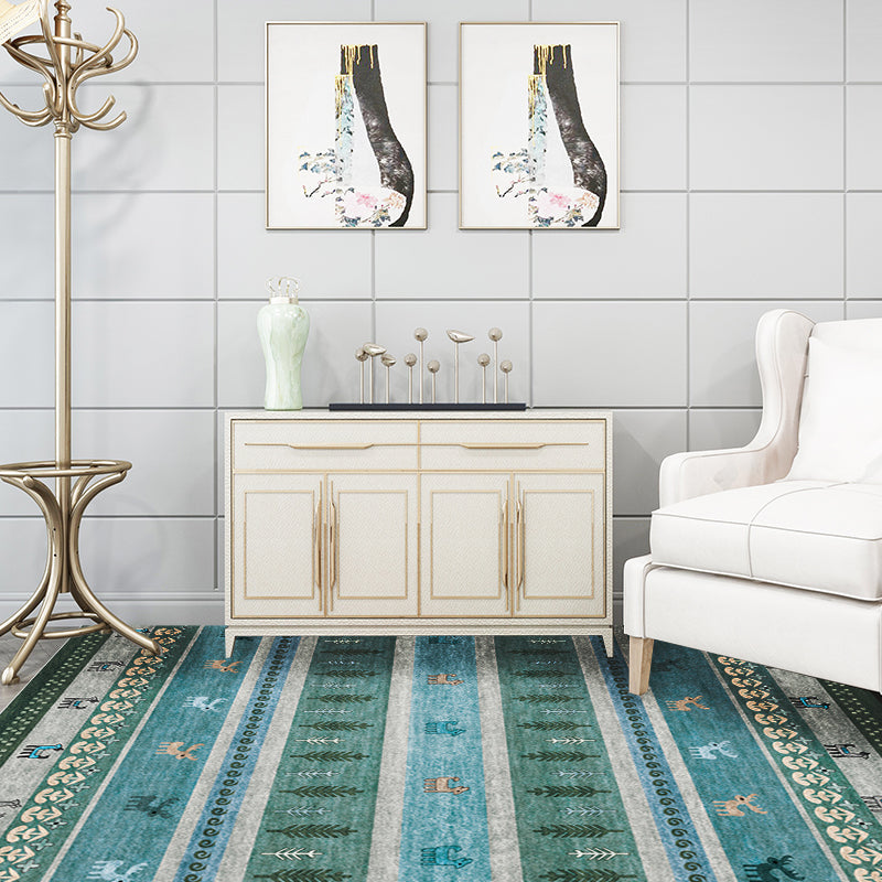 Lisslune | Bohemian striped geometric rug with botanical and animal motifs synthetic non-slip backing pet-friendly area rug