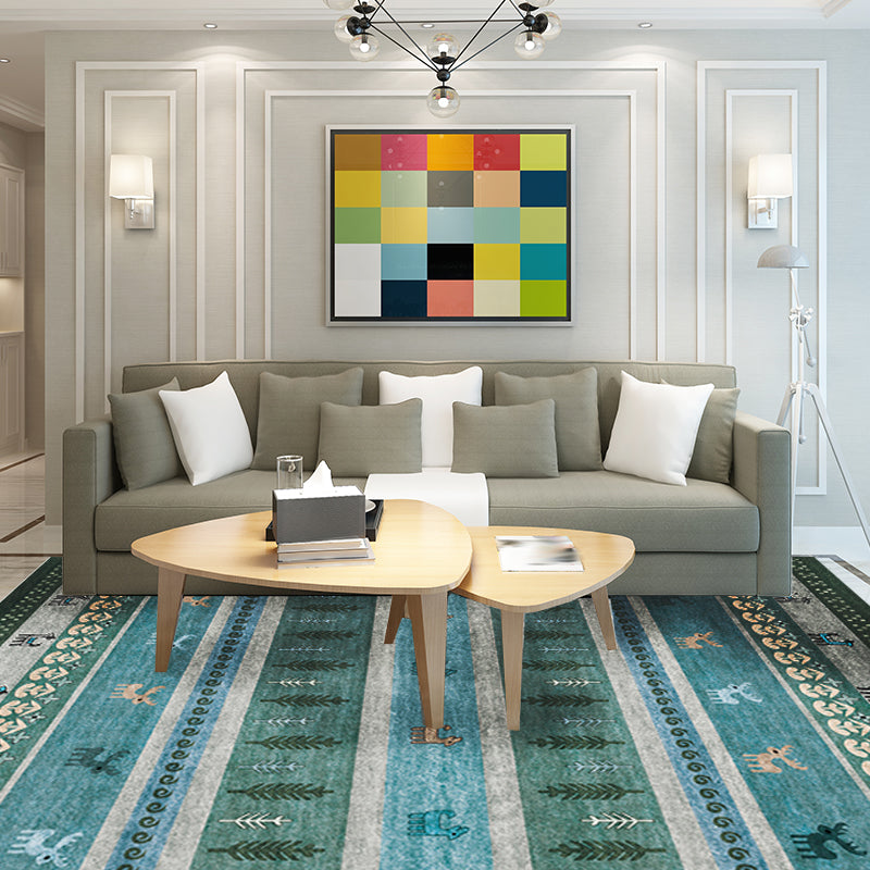Lisslune | Bohemian striped geometric rug with botanical and animal motifs synthetic non-slip backing pet-friendly area rug