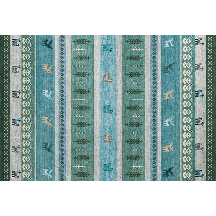 Lisslune | Bohemian striped geometric rug with botanical and animal motifs synthetic non-slip backing pet-friendly area rug