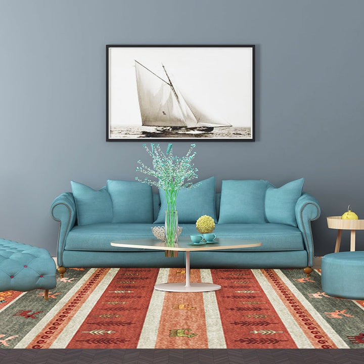 Lisslune | Bohemian striped geometric rug with botanical and animal motifs synthetic non-slip backing pet-friendly area rug