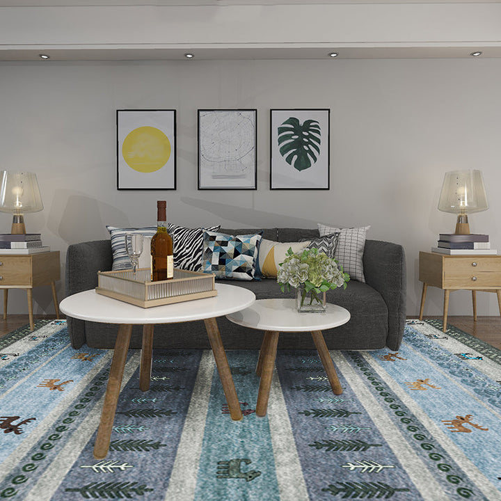 Lisslune | Bohemian striped geometric rug with botanical and animal motifs synthetic non-slip backing pet-friendly area rug