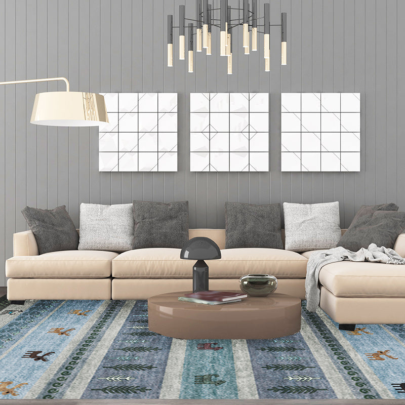 Lisslune | Bohemian striped geometric rug with botanical and animal motifs synthetic non-slip backing pet-friendly area rug