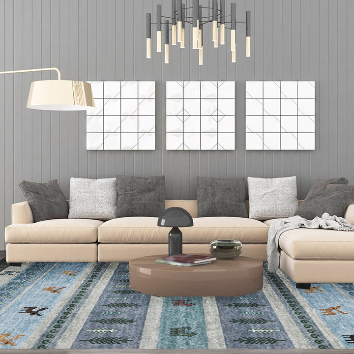 Lisslune | Bohemian striped geometric rug with botanical and animal motifs synthetic non-slip backing pet-friendly area rug