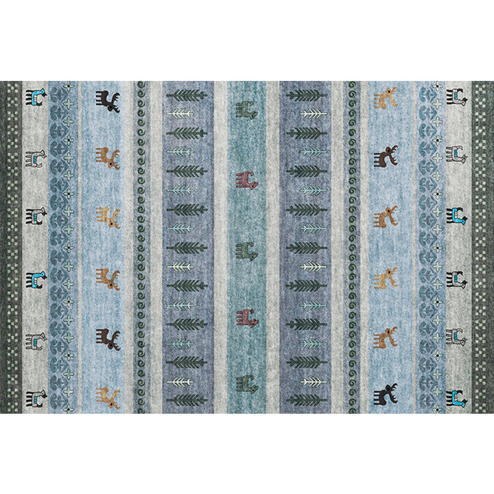 Lisslune | Bohemian striped geometric rug with botanical and animal motifs synthetic non-slip backing pet-friendly area rug