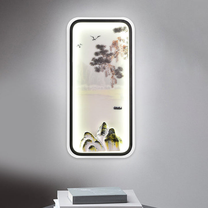 Skørter | Chinese Mountain Landscape Wall Picture Light Acrylic Parlor Rectangle LED Wall Lamps in White/Warm Light