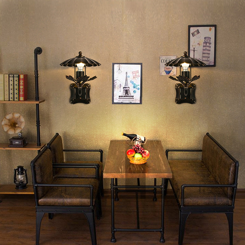 Lisslune | Metal Bronze Wall Lamp Cone 1-Light Industrial Wall Lamp with Leaf Decoration and Square Back Plate