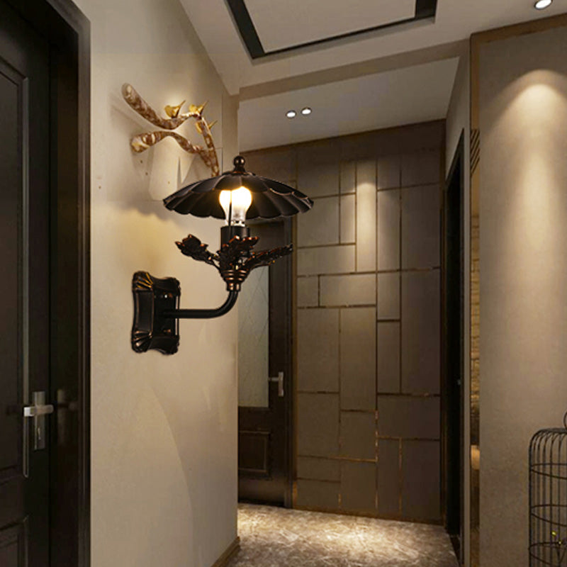 Lisslune | Metal Bronze Wall Lamp Cone 1-Light Industrial Wall Lamp with Leaf Decoration and Square Back Plate