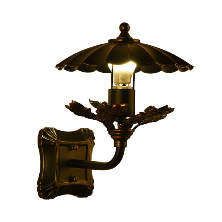 Lisslune | Metal Bronze Wall Lamp Cone 1-Light Industrial Wall Lamp with Leaf Decoration and Square Back Plate