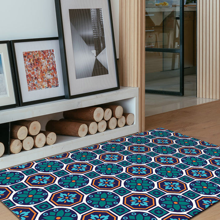 Lisslune | Eastern geometric floral pattern rug in green Moroccan rug polyester non-slip backing rug for bedroom