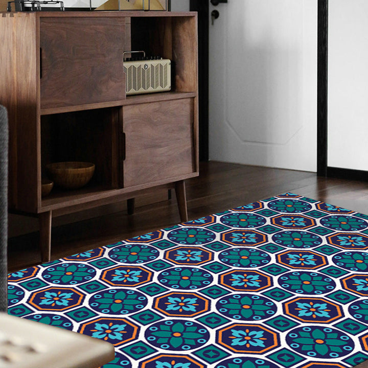 Lisslune | Eastern geometric floral pattern rug in green Moroccan rug polyester non-slip backing rug for bedroom