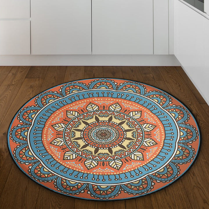 Lisslune | Blue and Orange Tribal Carpet with Leaf Polyester Southwestern Print Non-Slip Back Carpet for Bedroom