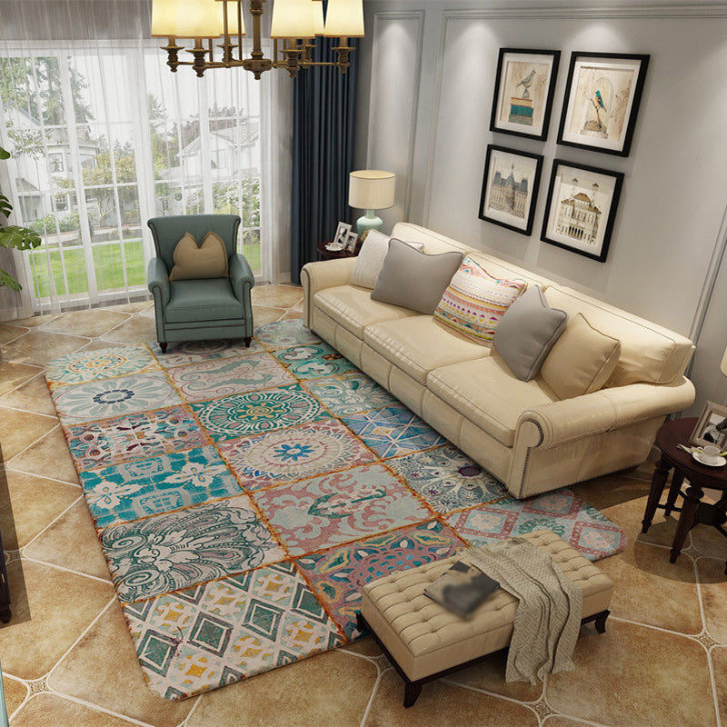 Lisslune | Moroccan Living Room Rug Multicolored Flower Diamond Print Rug Polyester Rug