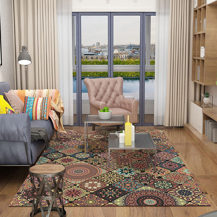 Lisslune | Persian Moroccan rug in brown floral circle square print area rug polyester non-slip rug for living room