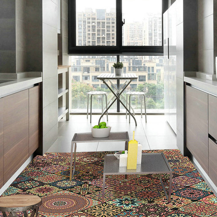 Lisslune | Persian Moroccan rug in brown floral circle square print area rug polyester non-slip rug for living room