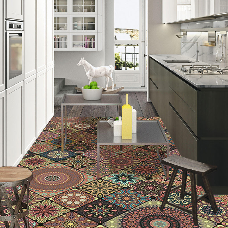 Lisslune | Persian Moroccan rug in brown floral circle square print area rug polyester non-slip rug for living room