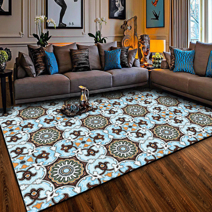 Lisslune | Blue and brown Moroccan carpet polyester floral pattern non-slip rug for home decor