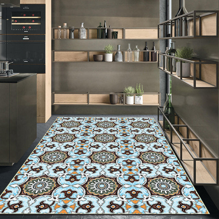 Lisslune | Blue and brown Moroccan carpet polyester floral pattern non-slip rug for home decor