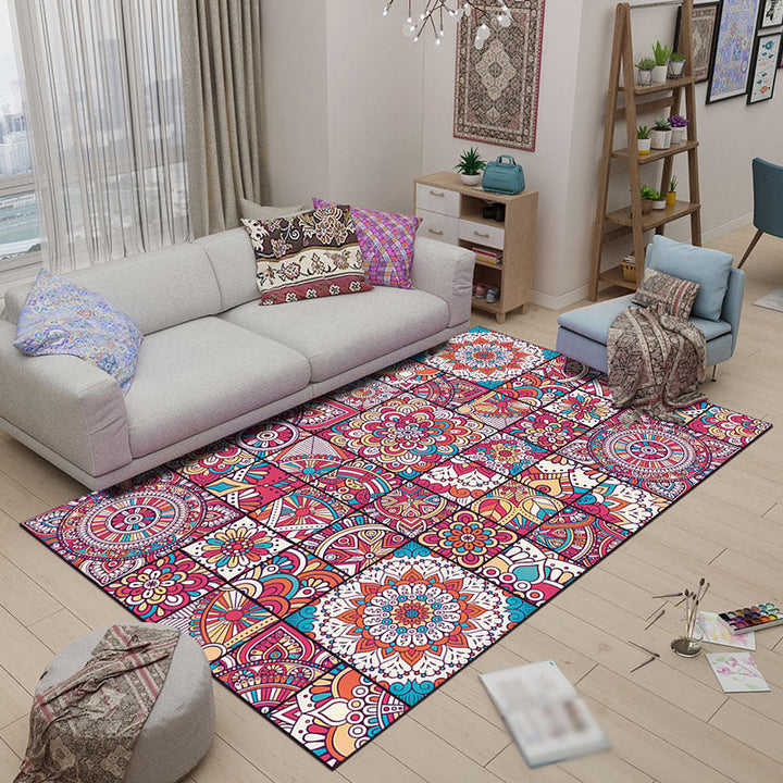 Lisslune | Mediterranean-Moroccan diamond pattern multicolored floral square rug made of polyester non-slip mat for the living room