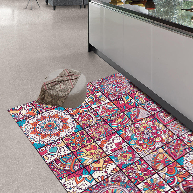 Lisslune | Mediterranean-Moroccan diamond pattern multicolored floral square rug made of polyester non-slip mat for the living room