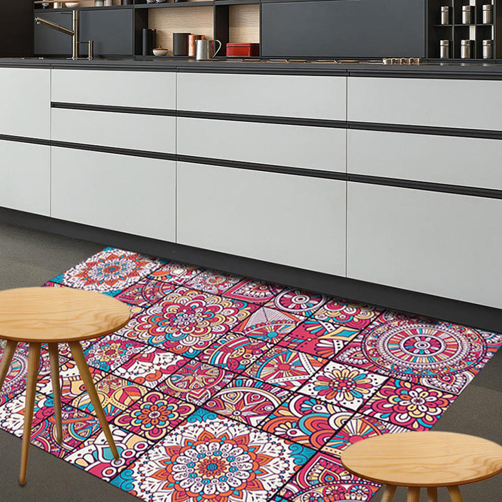 Lisslune | Mediterranean-Moroccan diamond pattern multicolored floral square rug made of polyester non-slip mat for the living room