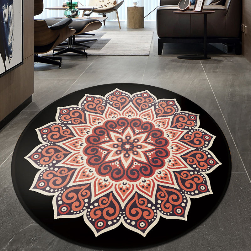 Lisslune | Retro Floral Rug Black and Red Moroccan Rug Polyester Non-Slip Back Rug for Bedroom