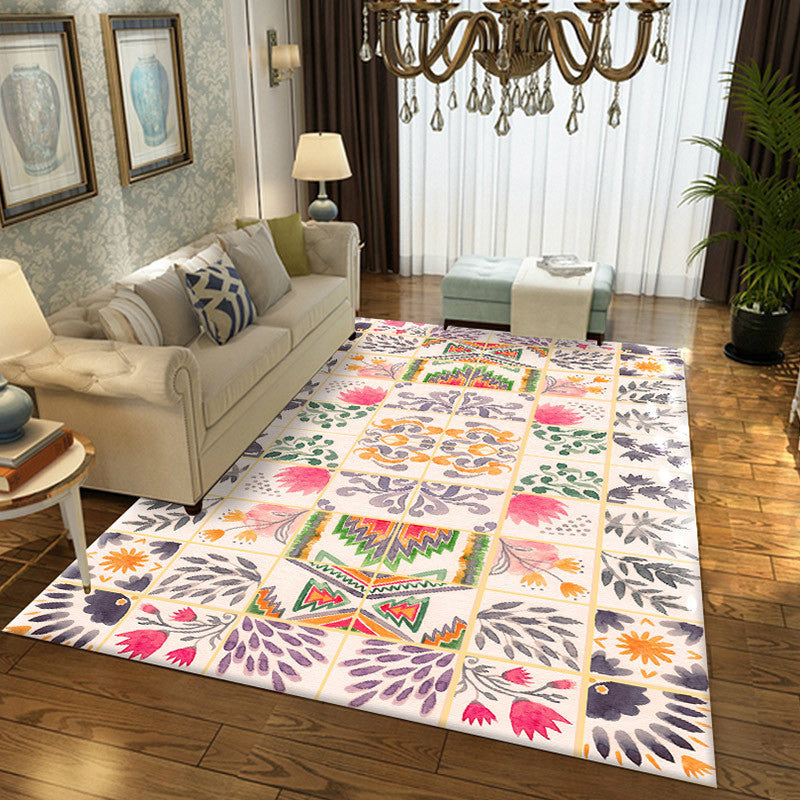 Lisslune | Moroccan Living Room Rug in White Floral Leaf Circle Print Rug Polyester Non-Slip Floor Mat