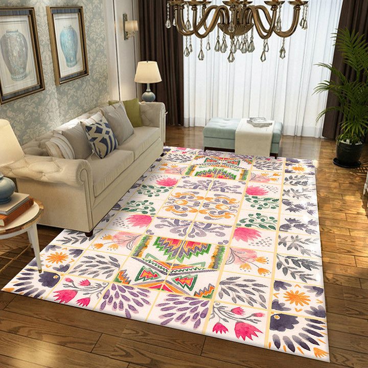 Lisslune | Moroccan Living Room Rug in White Floral Leaf Circle Print Rug Polyester Non-Slip Floor Mat
