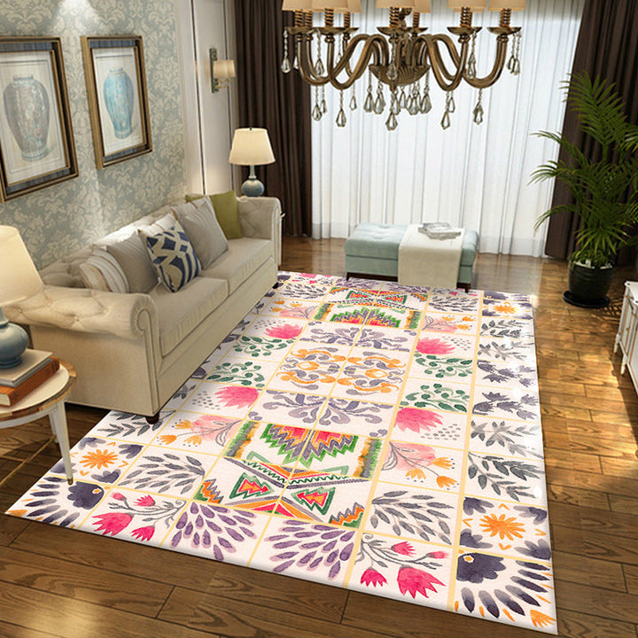 Lisslune | Moroccan Living Room Rug in White Floral Leaf Circle Print Rug Polyester Non-Slip Floor Mat