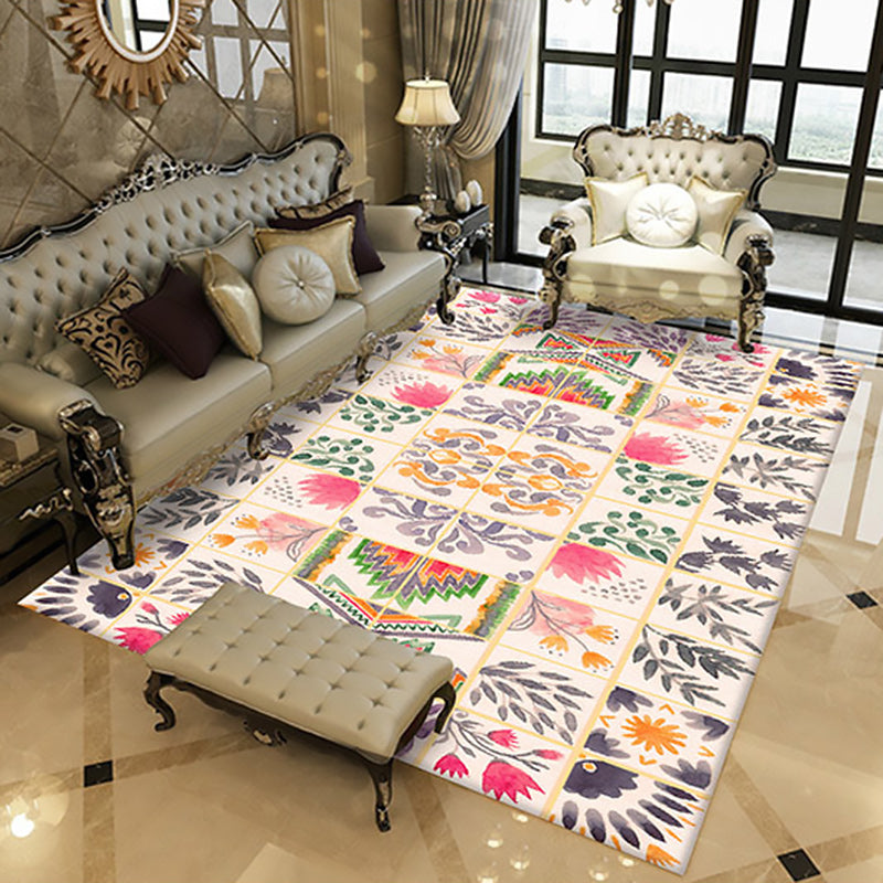 Lisslune | Moroccan Living Room Rug in White Floral Leaf Circle Print Rug Polyester Non-Slip Floor Mat