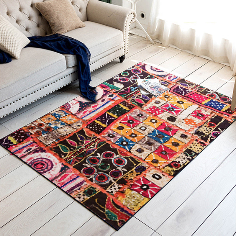 Lisslune | Mediterranean rectangular round patterned rug in black Moroccan rug polyester non-slip backing rug for the bedroom