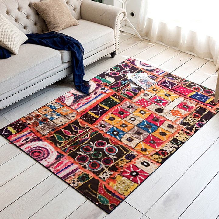 Lisslune | Mediterranean rectangular round patterned rug in black Moroccan rug polyester non-slip backing rug for the bedroom