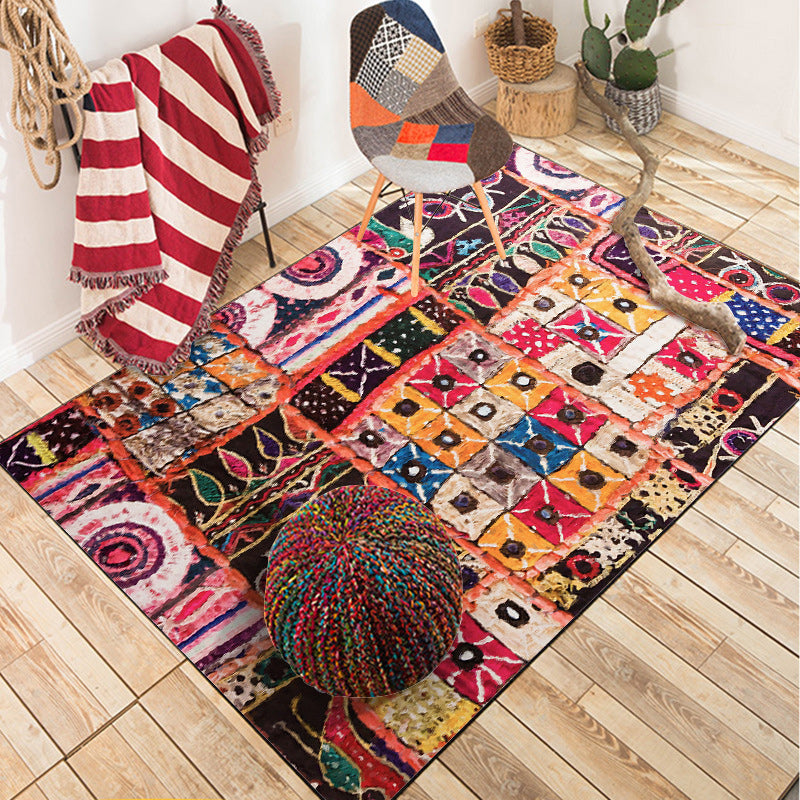 Lisslune | Mediterranean rectangular round patterned rug in black Moroccan rug polyester non-slip backing rug for the bedroom
