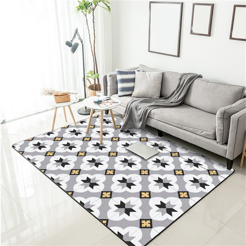 Lisslune | Gray Moroccan Rug Polyester Flower Diamond Print Rug Non-Slip Flooring for Home Decor