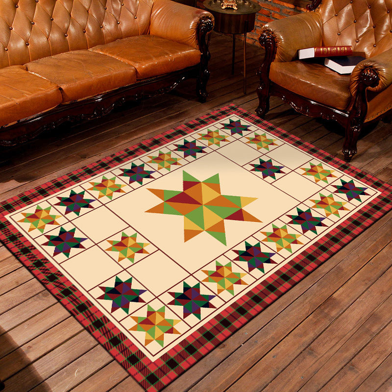 Lisslune | Moroccan living room rug in ivory Geometric triangle square print rug polyester anti-slip rug