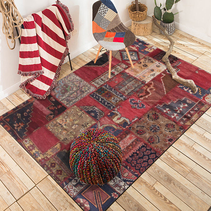 Lisslune | Red Bedroom Carpet Moroccan Rectangular Floral Stripe Printed Carpet Polyester Non-Slip Carpet