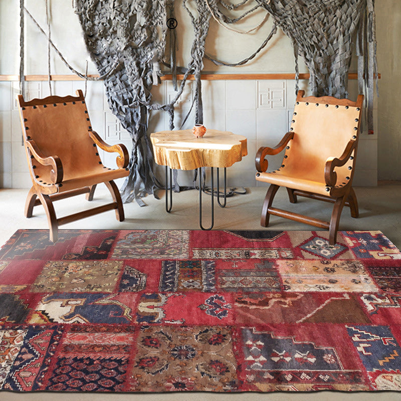 Lisslune | Red Bedroom Carpet Moroccan Rectangular Floral Stripe Printed Carpet Polyester Non-Slip Carpet