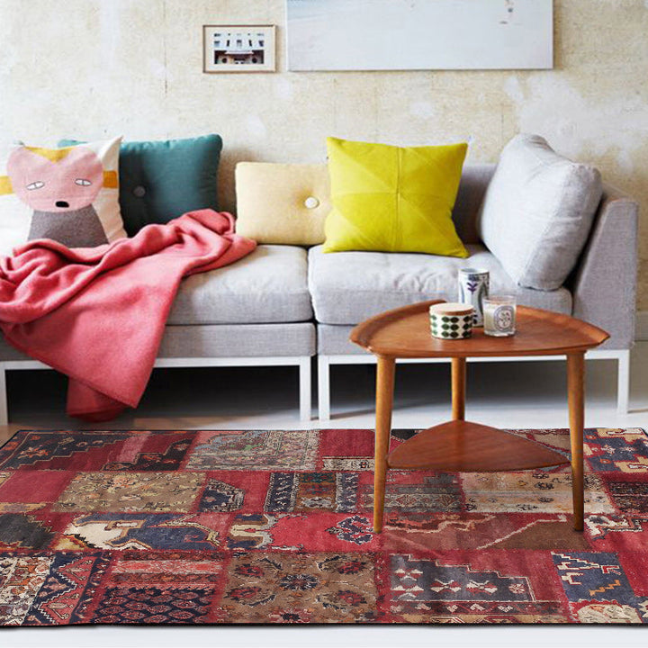 Lisslune | Red Bedroom Carpet Moroccan Rectangular Floral Stripe Printed Carpet Polyester Non-Slip Carpet